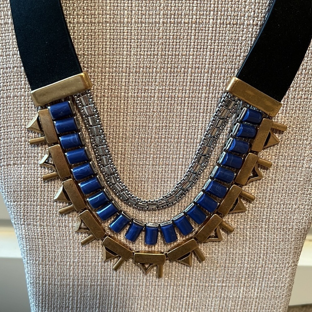 Stella & Dot Reversible leather gold silver necklace jewelry blue - Picture 2 of 6